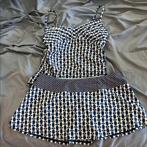 PRANA, Moorea Ruched Tankini & Sakti Swim Skirt Indigo Santorini Swimsuit Small